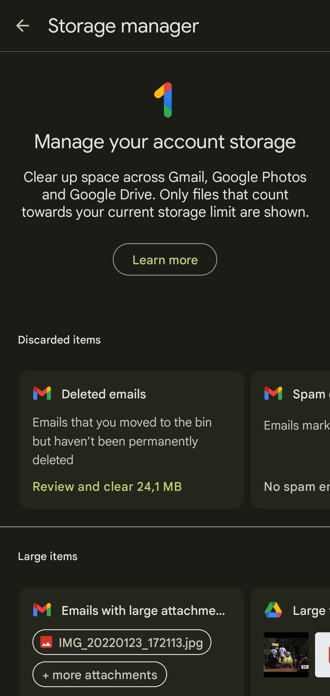 Η ενότητα Διαχείριση αποθηκευτικού χώρου Google One