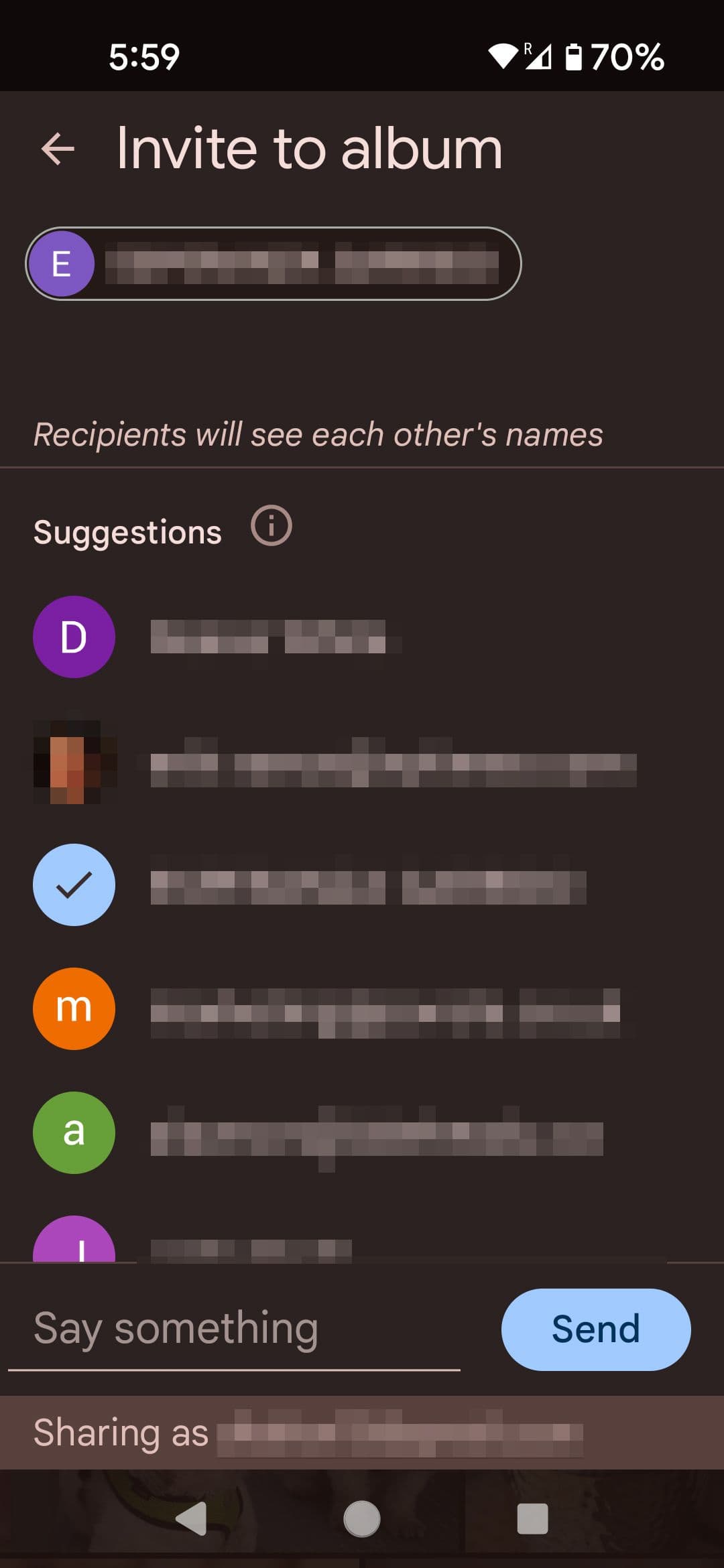 Google Photos album send share menu