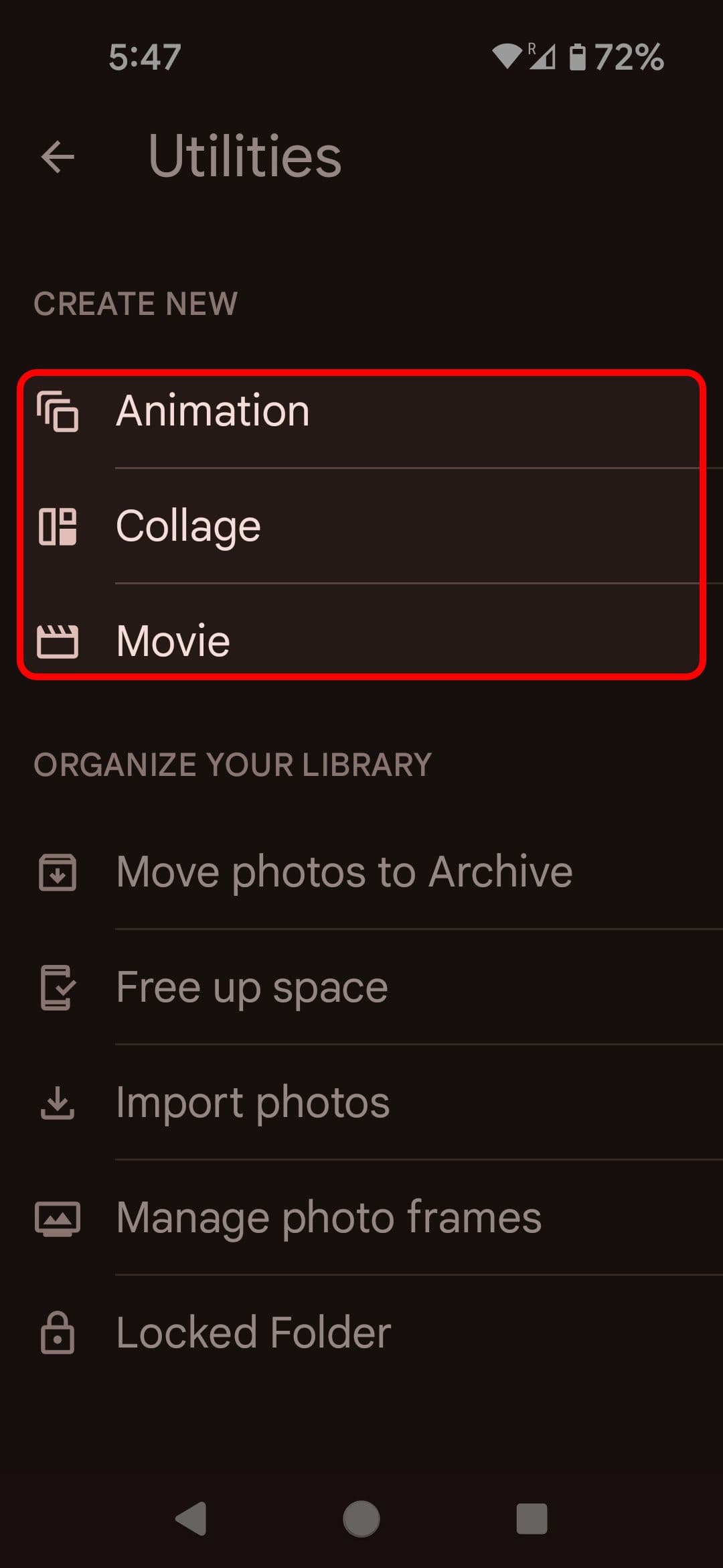 Google Photos Library Utilities menu highlighting the Create New options