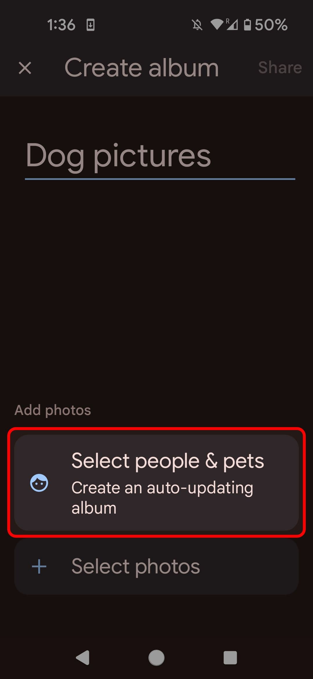 Google Photos Create album menu highlighting the auto-updating feature