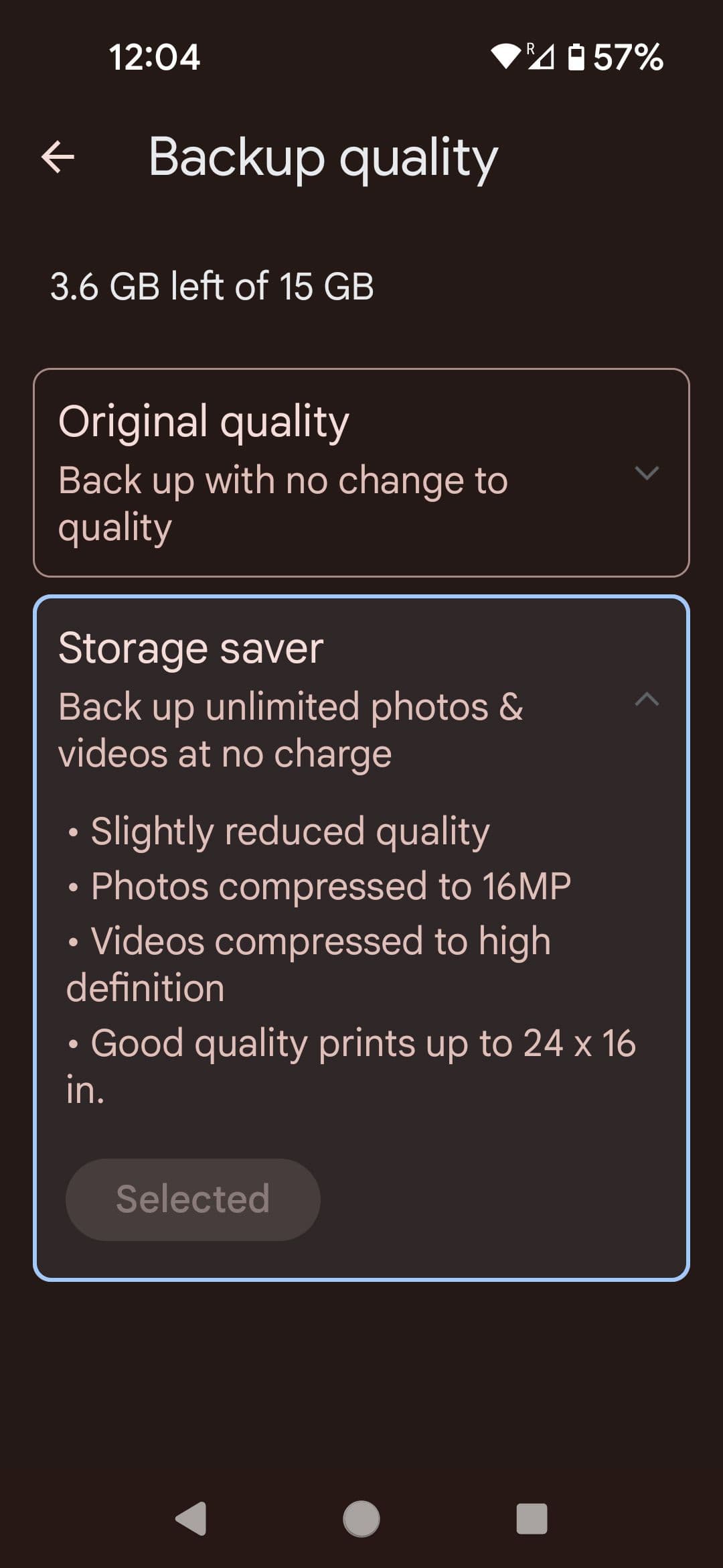 Google Photos Backup quality menu
