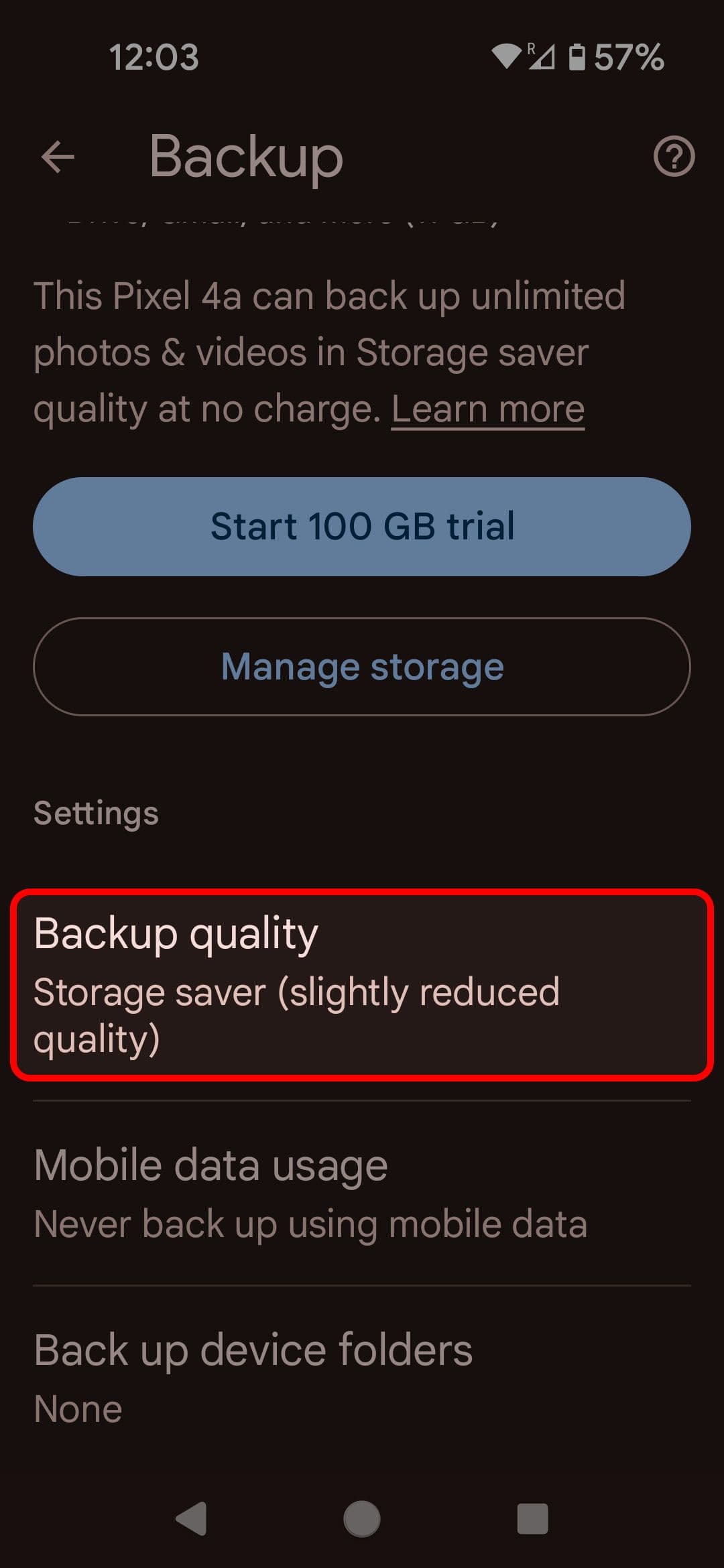 Google Photos Backup menu highlighting the Backup quality option