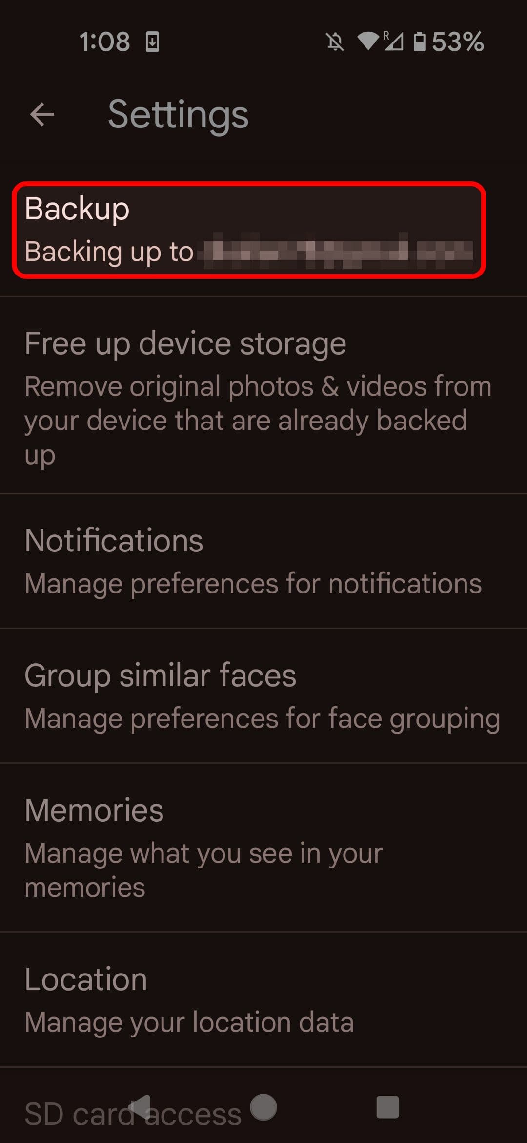 Google Photos Photos settings menu highlighting the Backup option