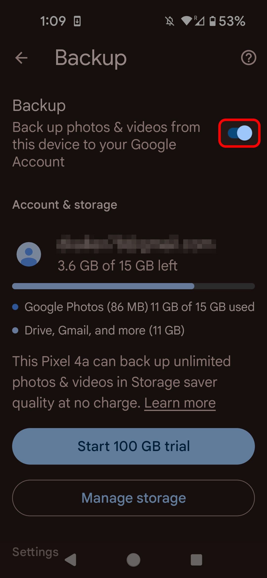 Google Photos Backup menu highlighting the on/off toggle