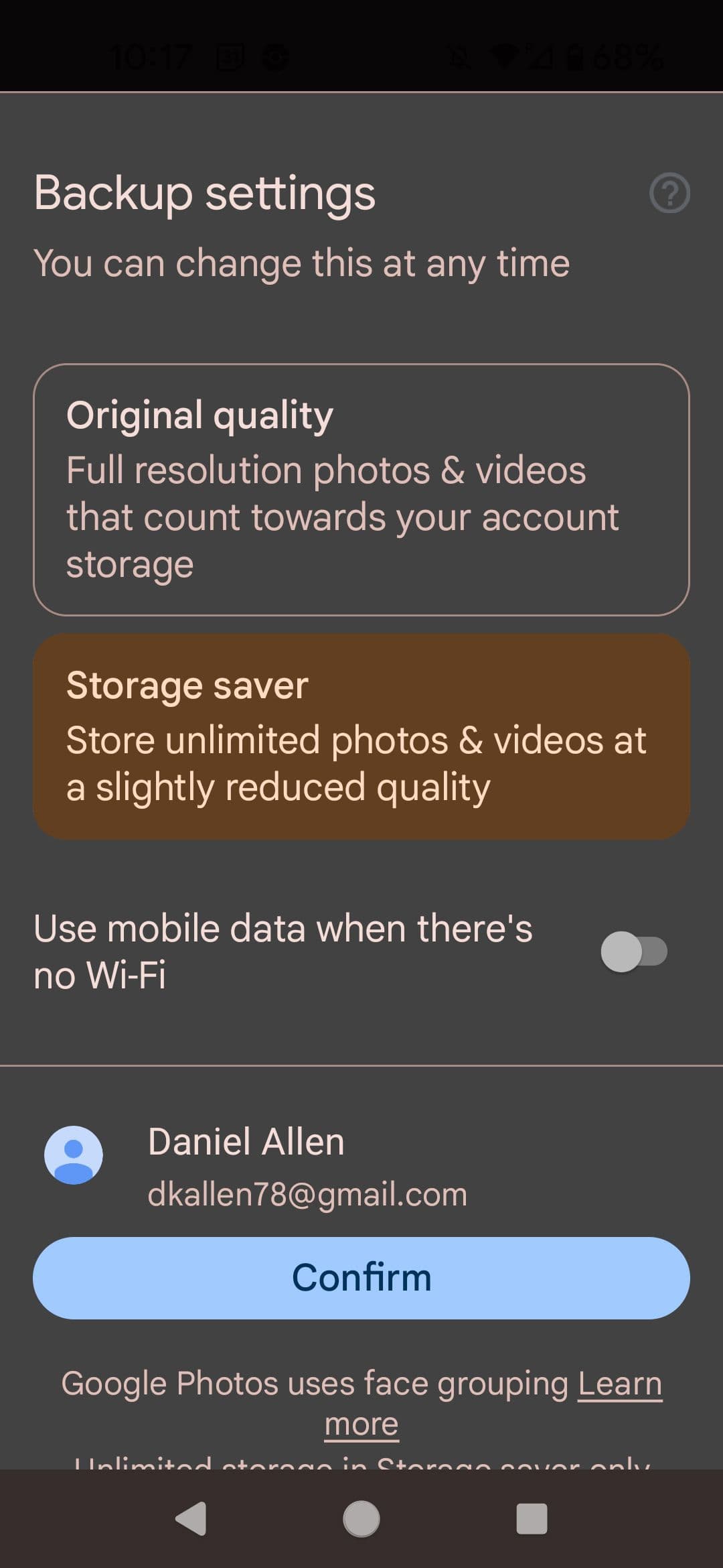 Google Photos confirm backup settings menu