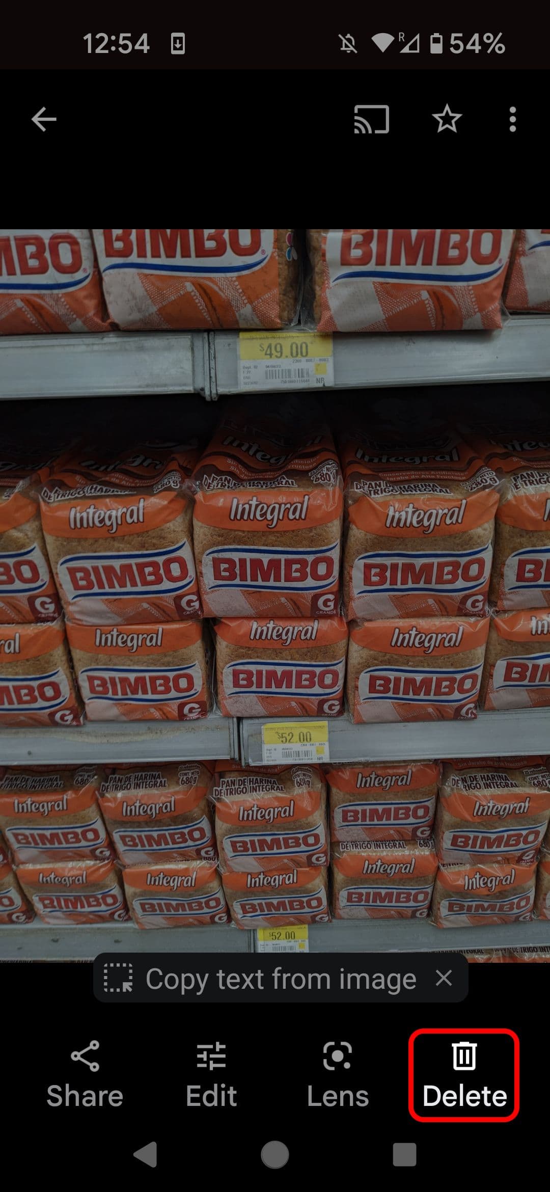 Google Photos image screen highlighting the Delete button