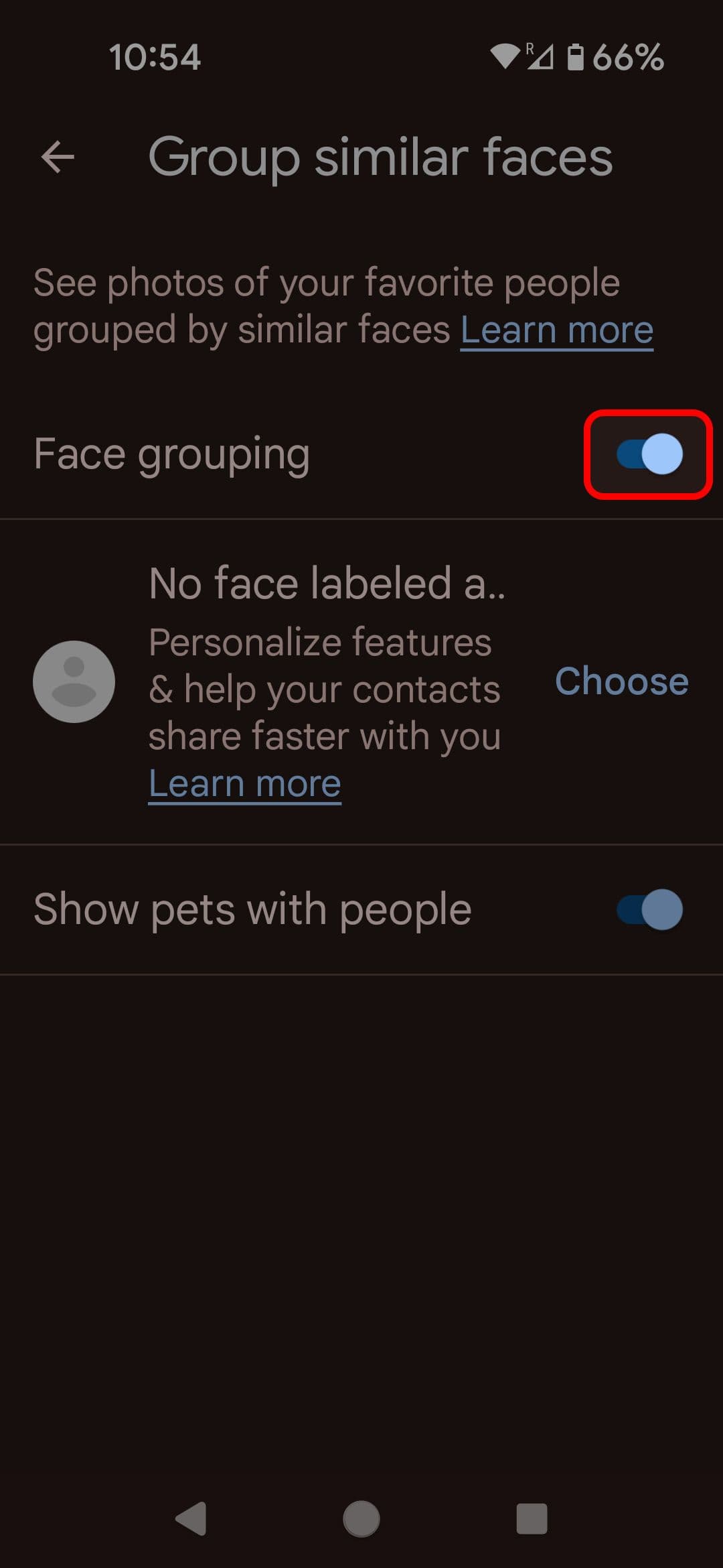 Google Photos Group similar faces menu highlighting the on/off toggle