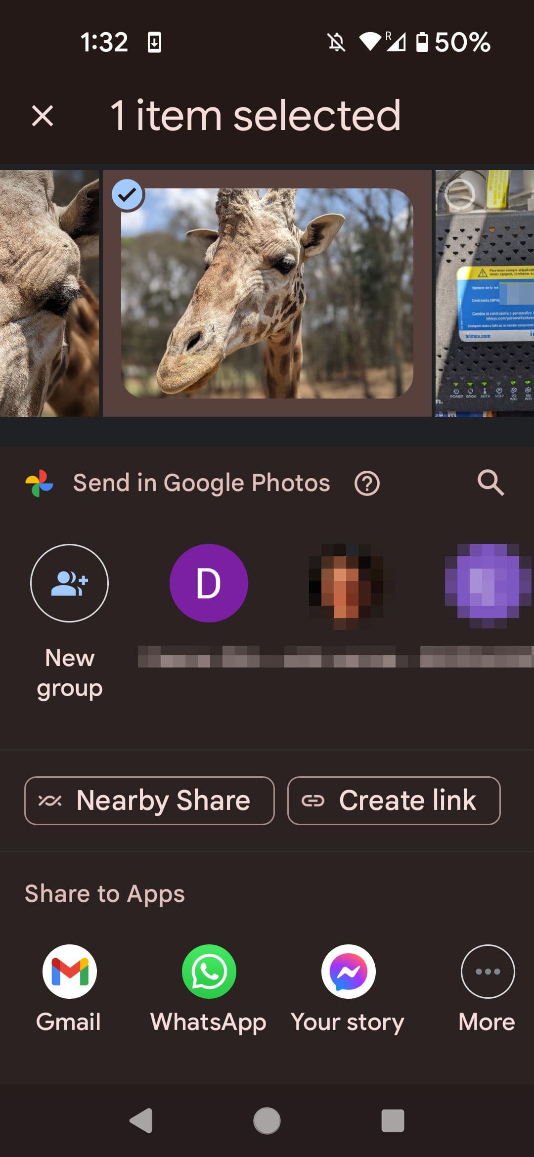 Google Photos image share options