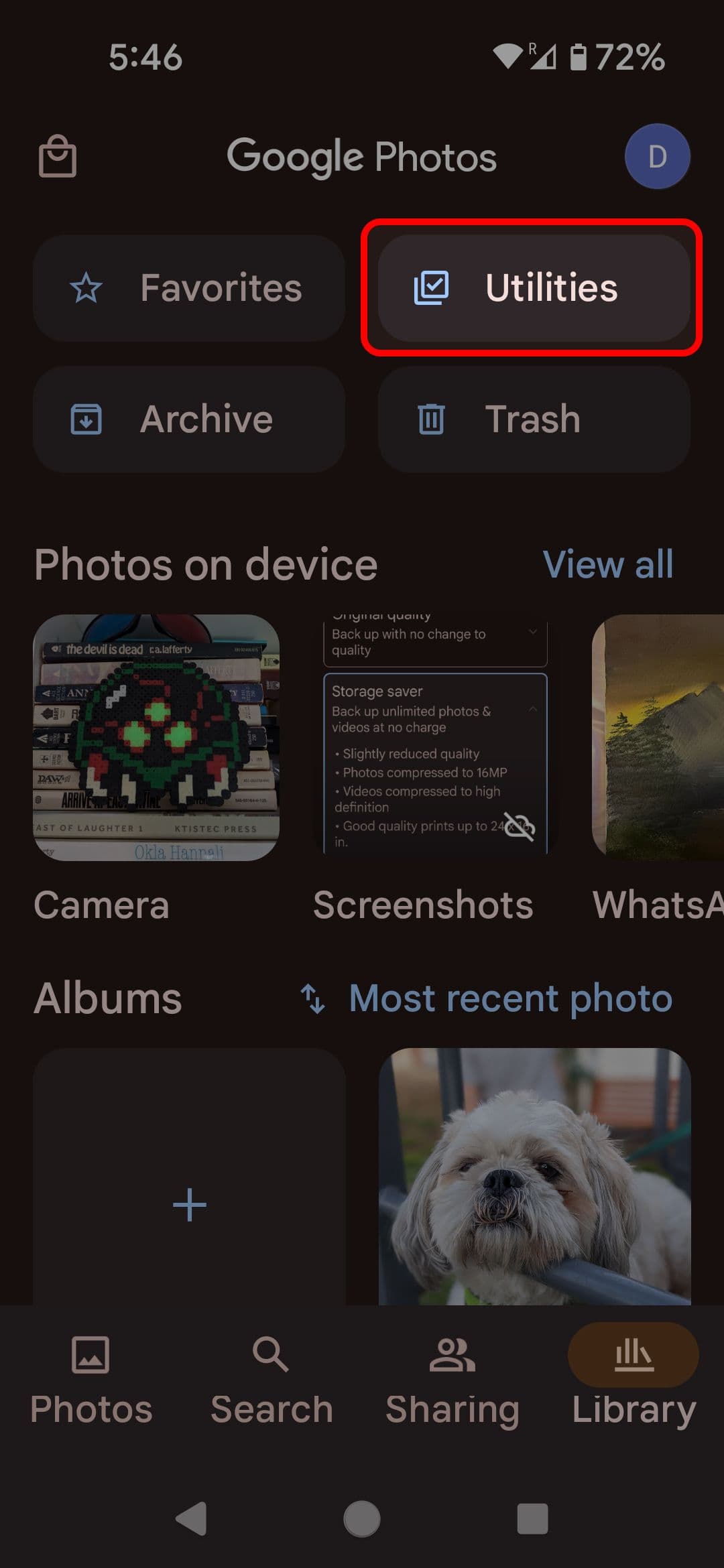 Google Photos Library page highlighting the Utilities option