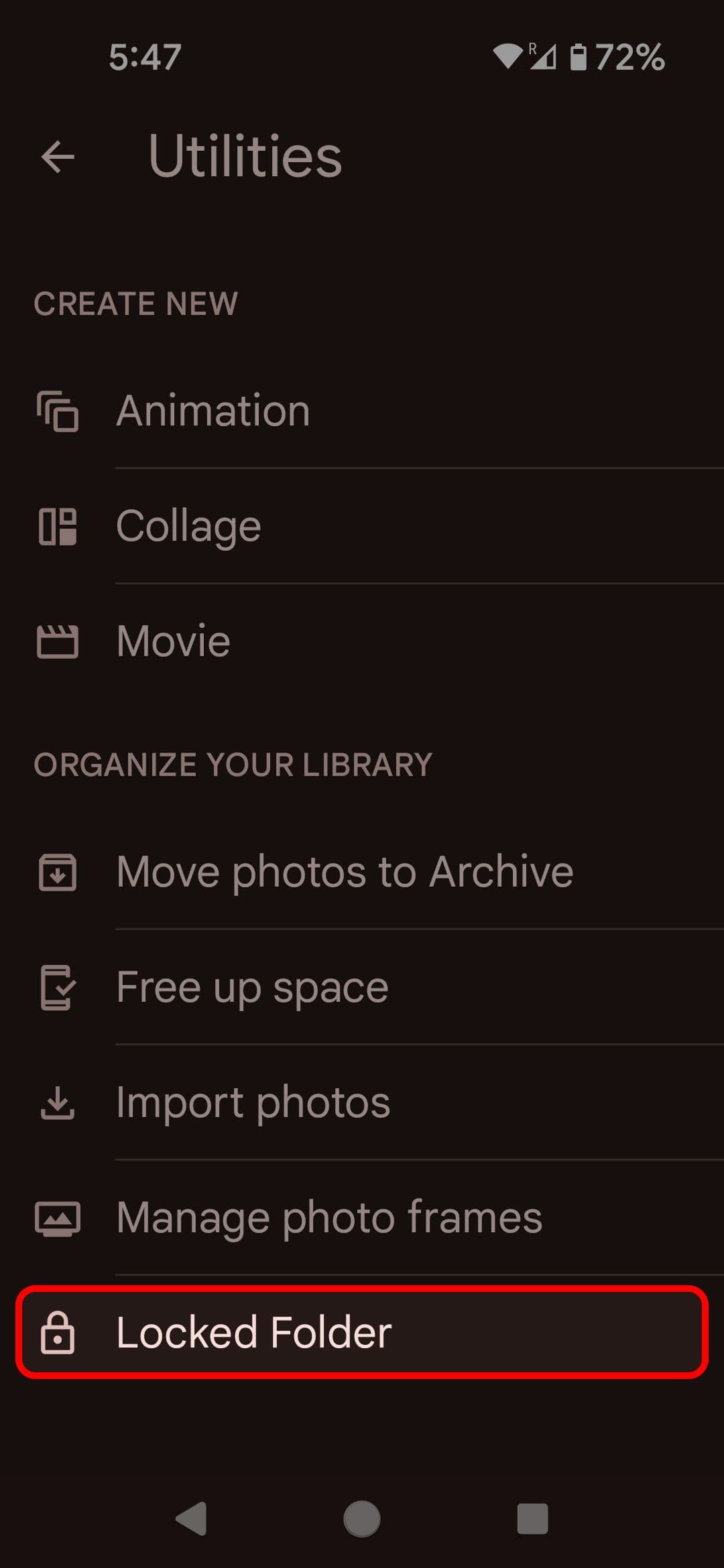 Google Photos Library Utilities menu highlighting Locked folder option