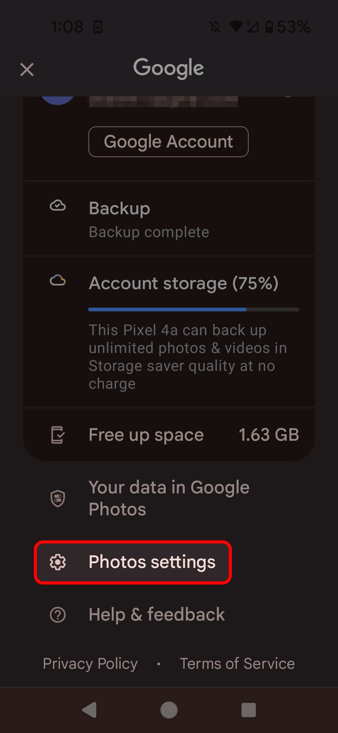 Google Photos profile icon menu highlighting the Photos settings option