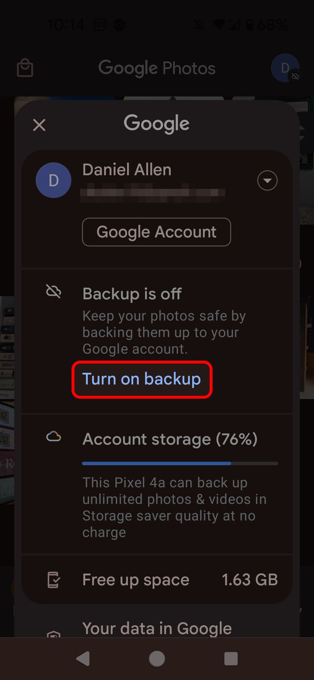 Google Photos primary menu highlighting the Turn on backup option
