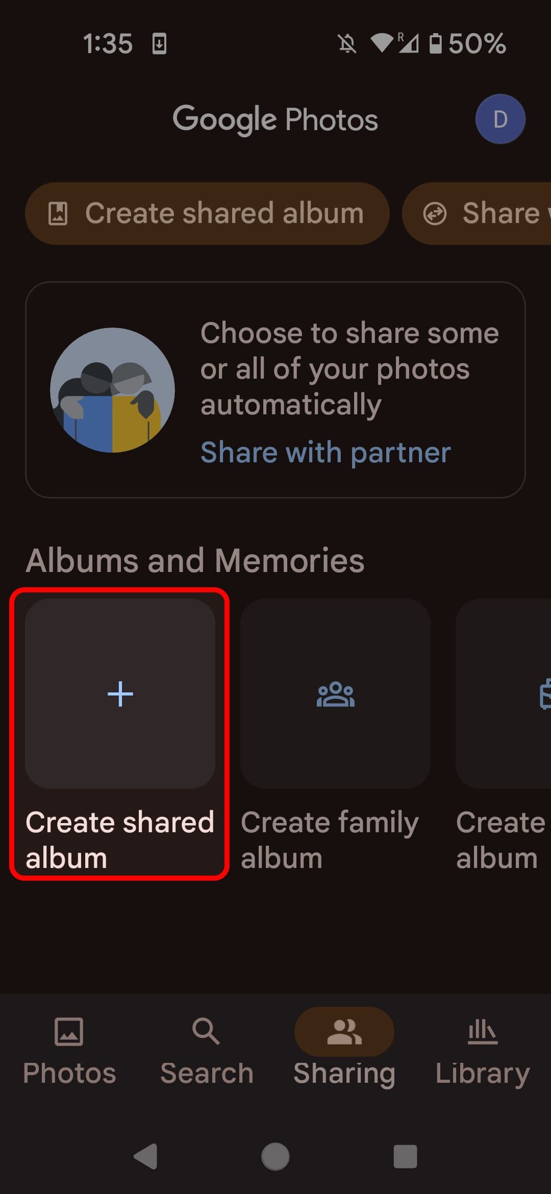 Google Photos Sharing menu highlighting the Create shared album button