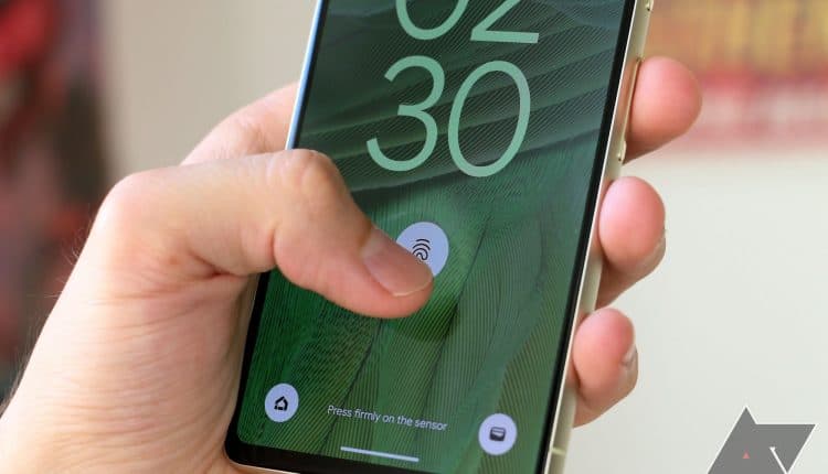 The Google Pixel 7's fingerprint scanner in use.