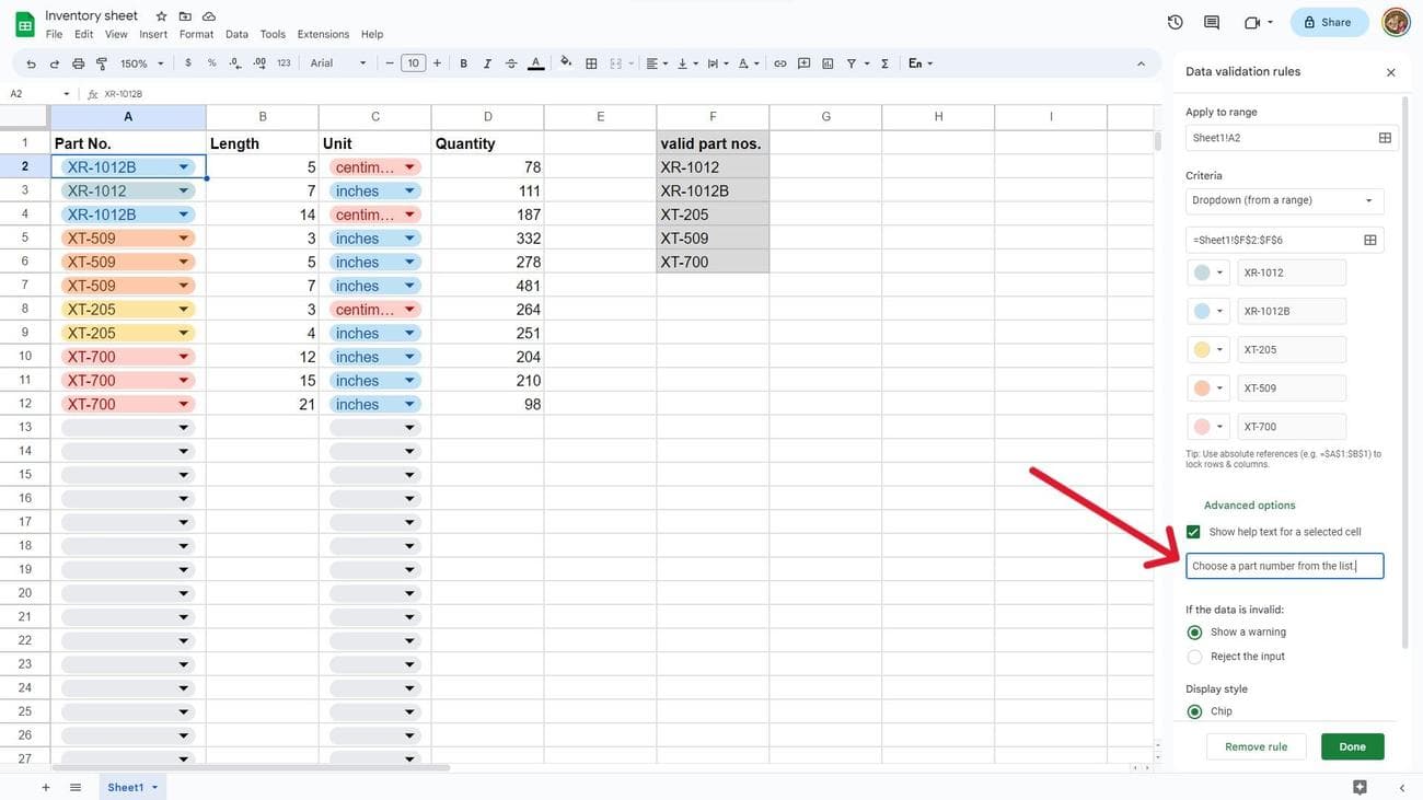 Ένα στιγμιότυπο οθόνης ενός εγγράφου των Φύλλων Google που εμφανίζει τη βοήθεια αναπτυσσόμενων μενού.