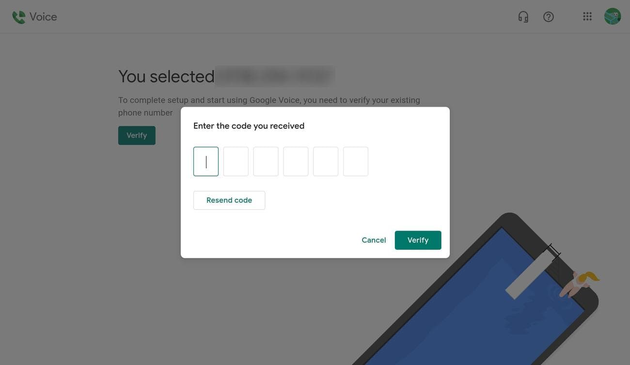 Το παράθυρο διαλόγου για να εισαγάγετε τον κωδικό επαλήθευσης για να συνδέσετε έναν αριθμό τηλεφώνου με τον αριθμό σας Google Voice