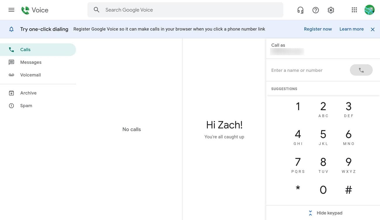 Η αρχική σελίδα του ιστότοπου Google Voice
