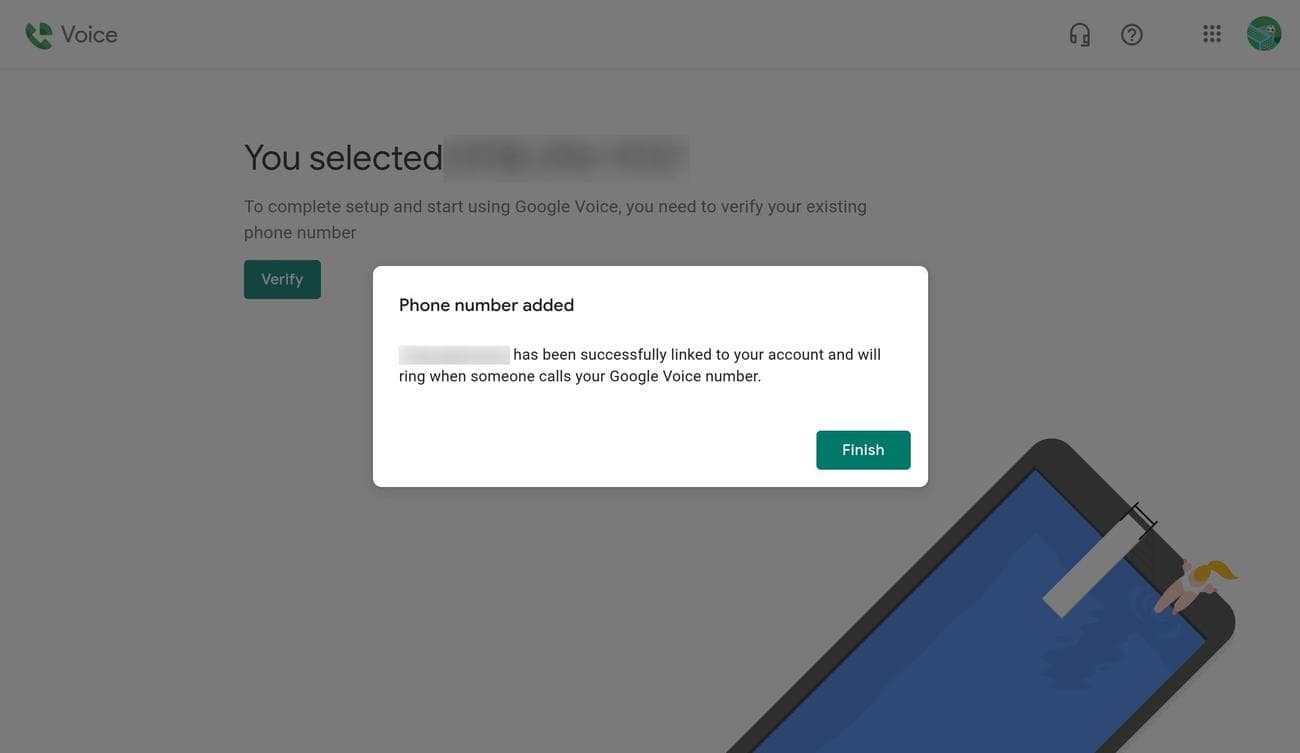 Ένα πλαίσιο διαλόγου που σας ενημερώνει ότι ο αριθμός τηλεφώνου σας έχει συνδεθεί με τον αριθμό σας Google Voice