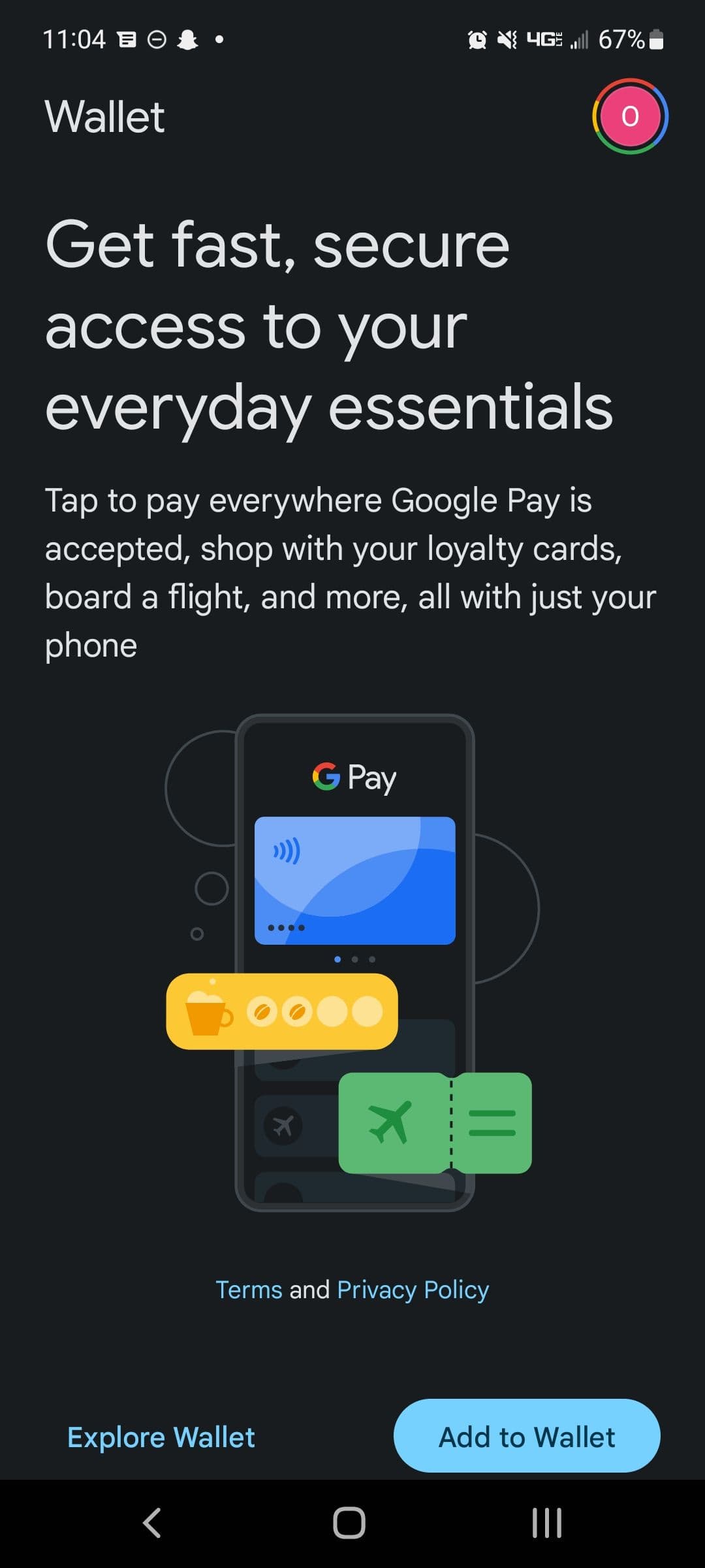 Η οθόνη ρύθμισης του Πορτοφολιού Google όταν συνδέεστε για πρώτη φορά.