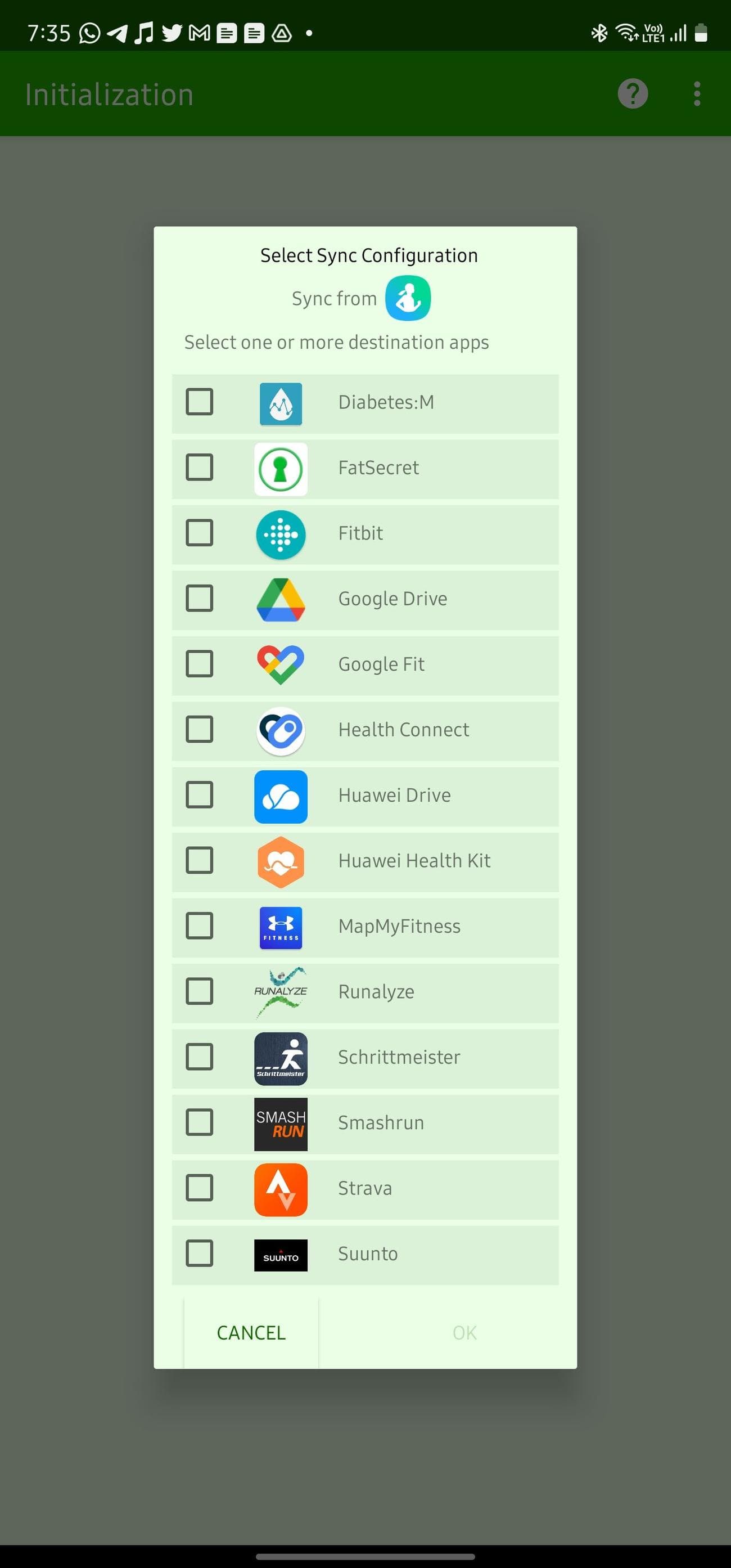 Health Sync - Επιλογή εφαρμογής προορισμού για συγχρονισμό