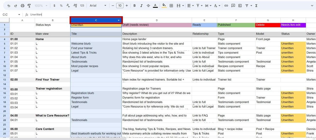 Επισήμανση στήλης στα Φύλλα Google
