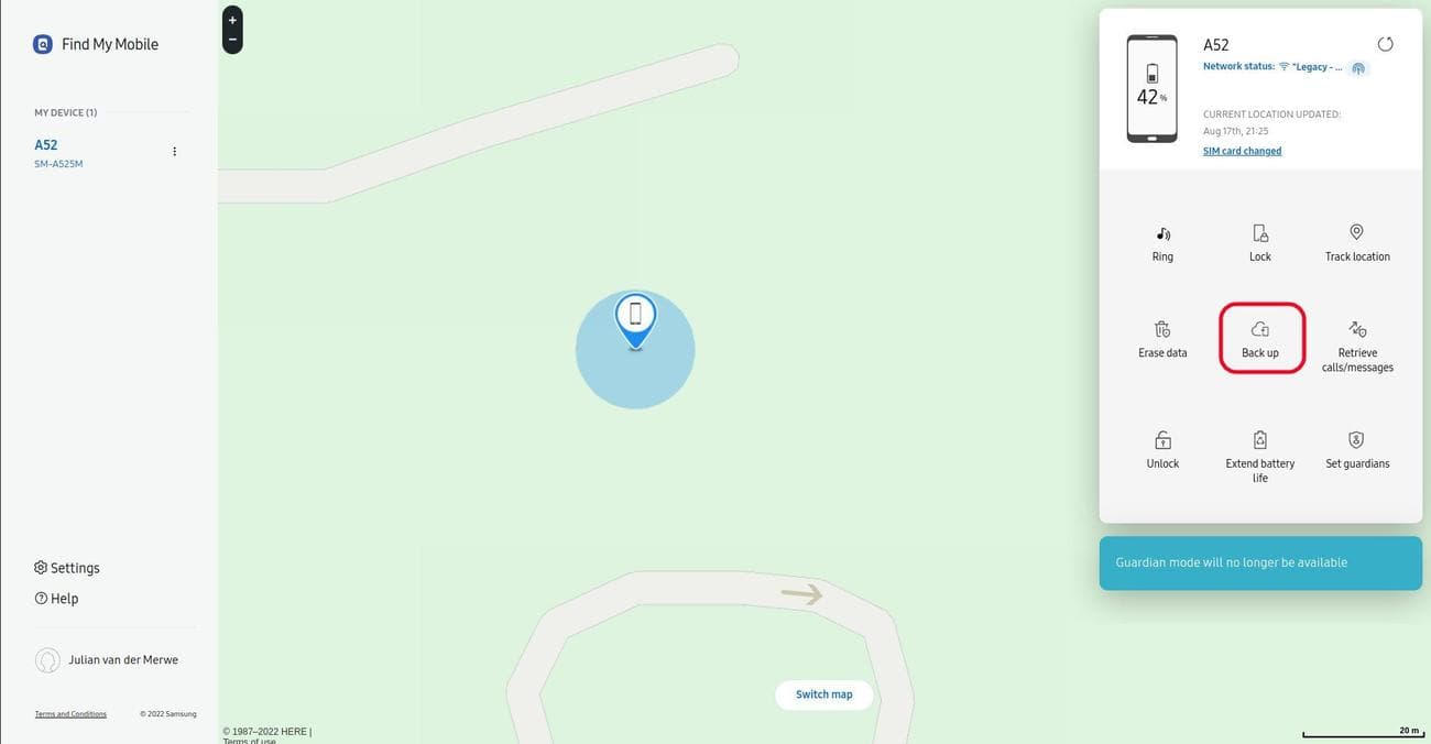 η εύρεση της σελίδας για το κινητό μου είναι ανοιχτή και η επιλογή δημιουργίας αντιγράφων ασφαλείας επισημαίνεται στο μενού του πλαϊνού πίνακα