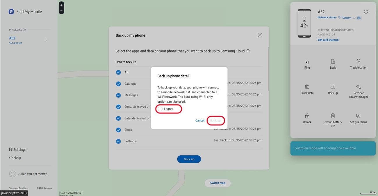 η εύρεση της σελίδας μου για κινητά είναι ανοιχτή και ένα αναδυόμενο παράθυρο είναι στο προσκήνιο που επιβεβαιώνει τη δημιουργία αντιγράφων ασφαλείας μέσω δεδομένων κινητής τηλεφωνίας με το πλαίσιο ελέγχου Συμφωνώ και το κουμπί δημιουργίας αντιγράφων ασφαλείας τώρα επισημαίνεται