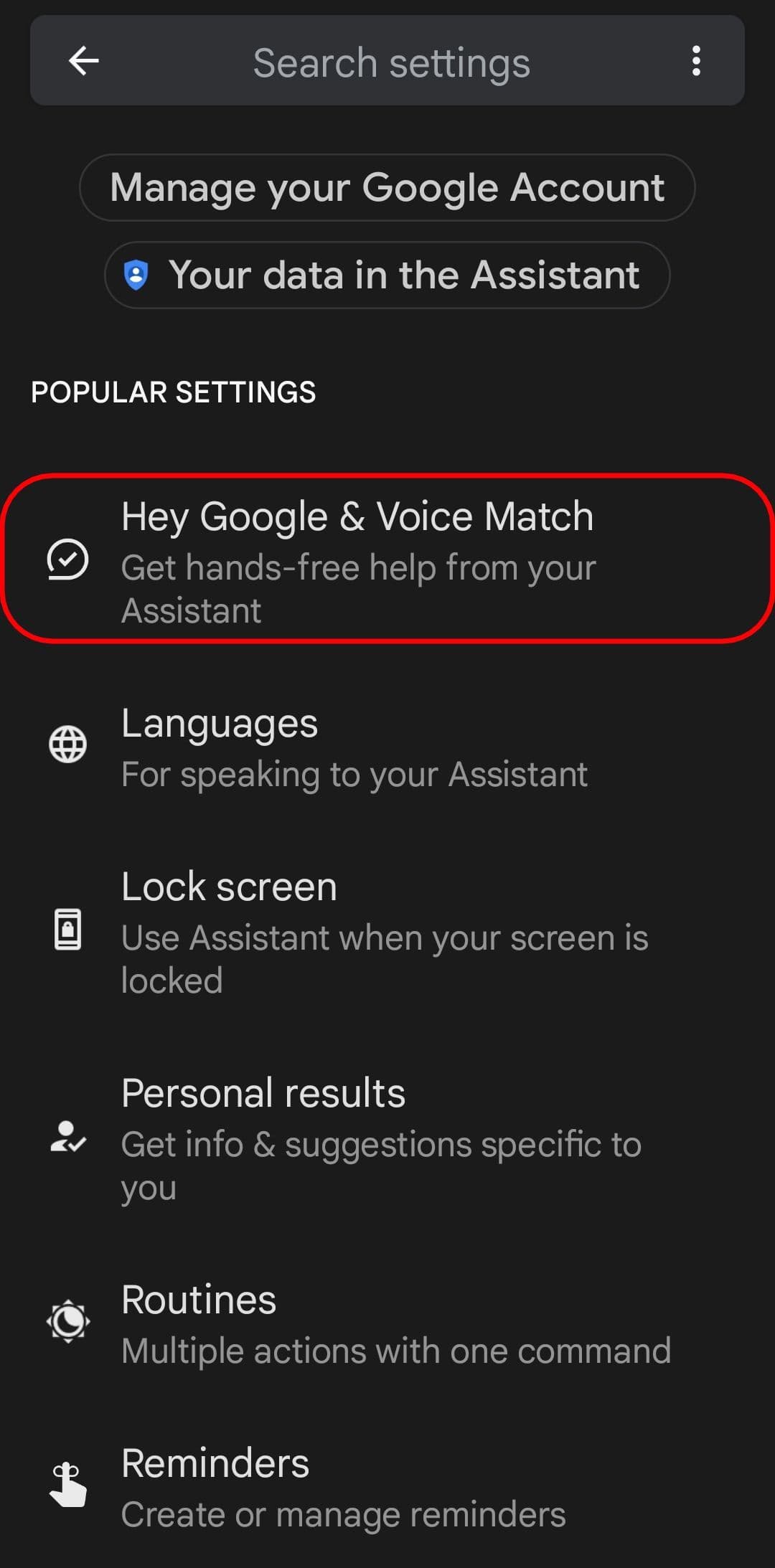 τη σελίδα ρυθμίσεων του βοηθού Google με επισημασμένη την επιλογή hey google και voice match