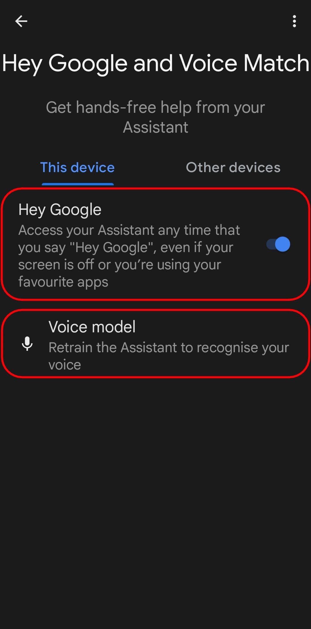 η σελίδα ρυθμίσεων hey google και voice match ανοίγει με επισημασμένες τις επιλογές hey google και voice match