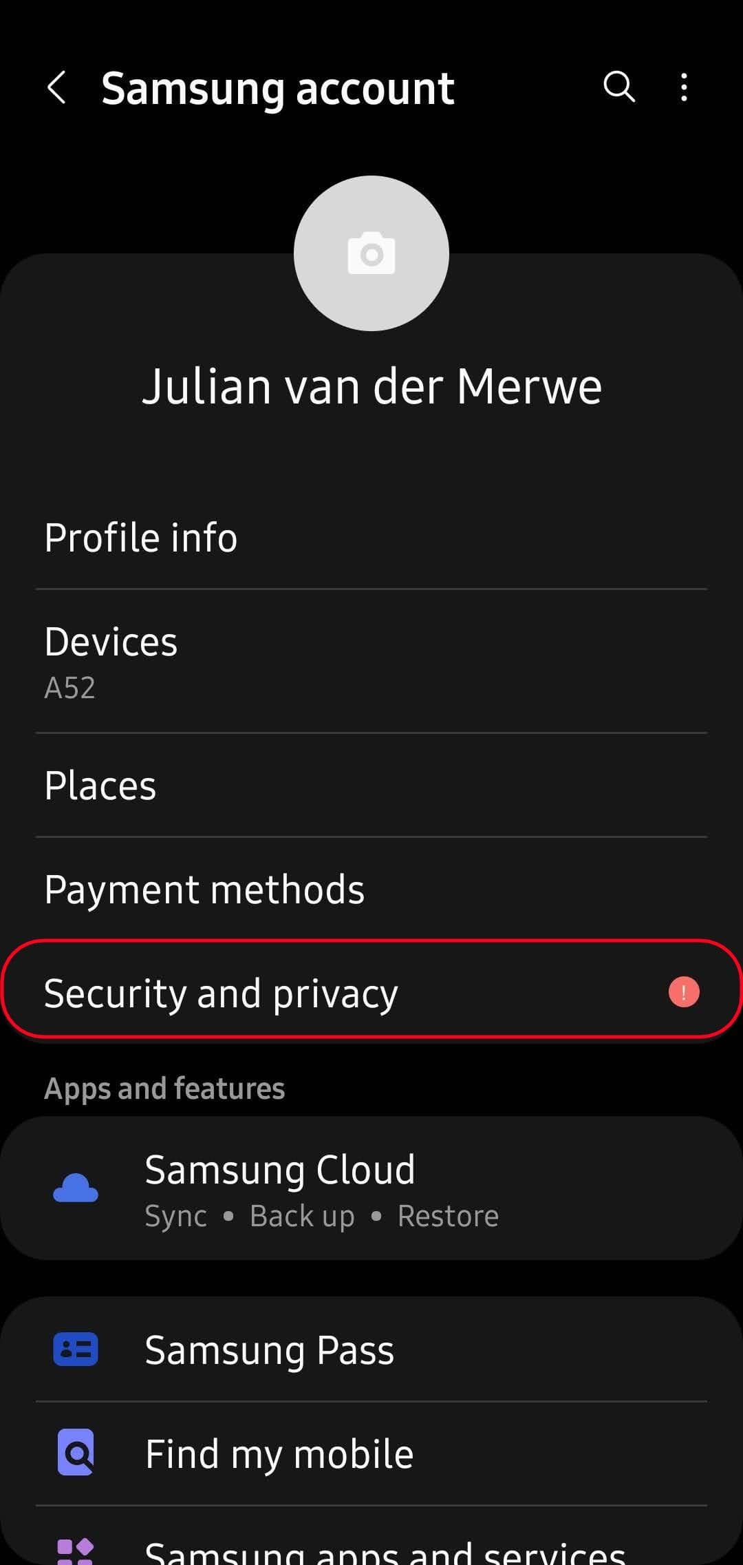 Επιλογές λογαριασμού samsung με επισημασμένη την επιλογή ασφάλειας και απορρήτου