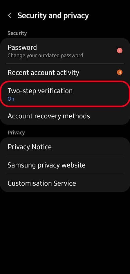 Σελίδα ρυθμίσεων ασφάλειας και απορρήτου samsung με τονισμένη την επιλογή επαλήθευσης σε δύο βήματα