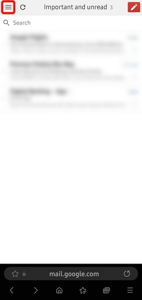 τα εισερχόμενα του gmail είναι ανοιχτά στην εφαρμογή Διαδικτύου της samsung και το κουμπί μενού είναι επισημασμένο