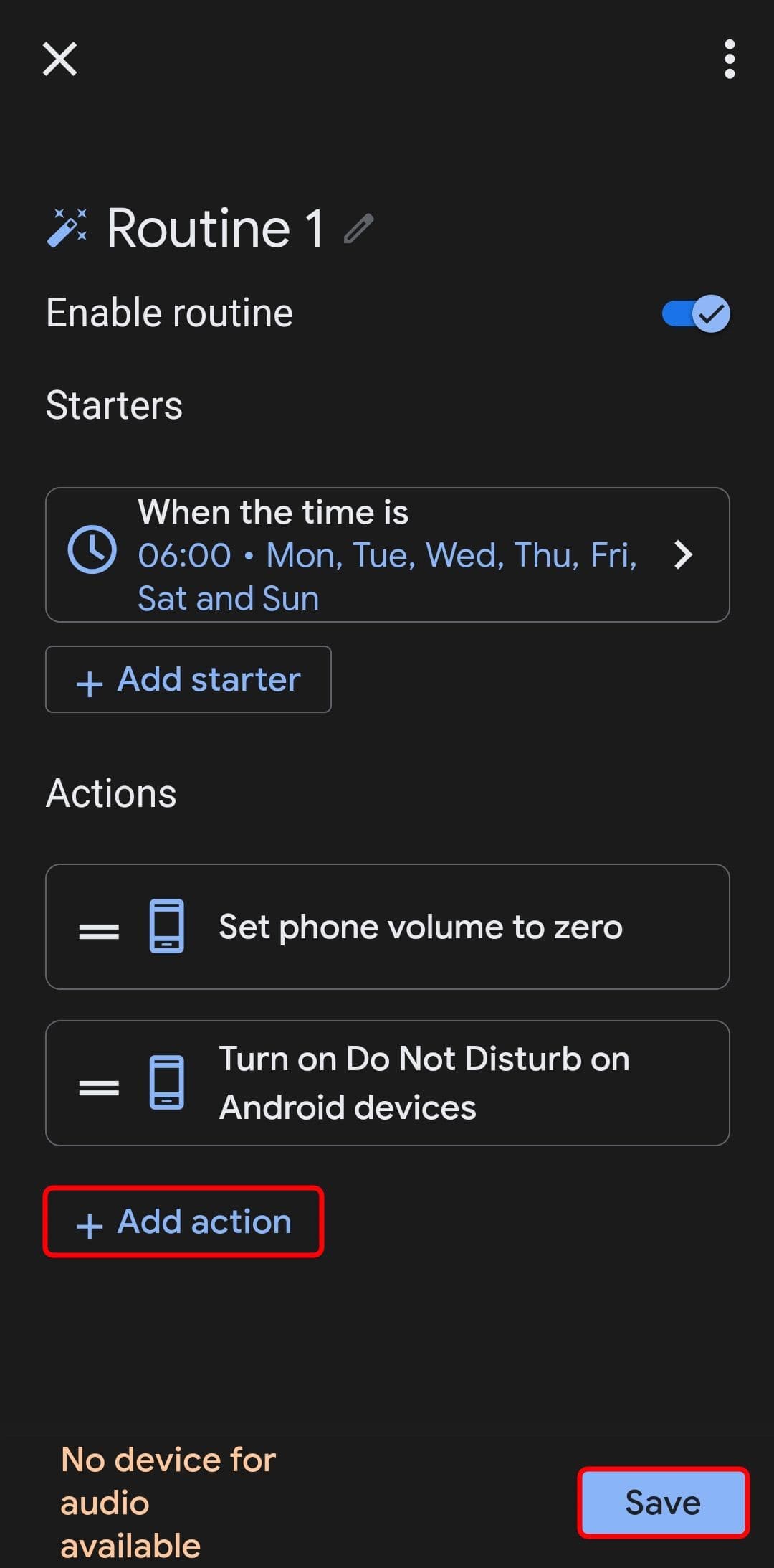 τις επιλογές ρουτίνας του Βοηθού Google με τονισμένο το κουμπί προσθήκης ενέργειας και το κουμπί αποθήκευσης επισημασμένο