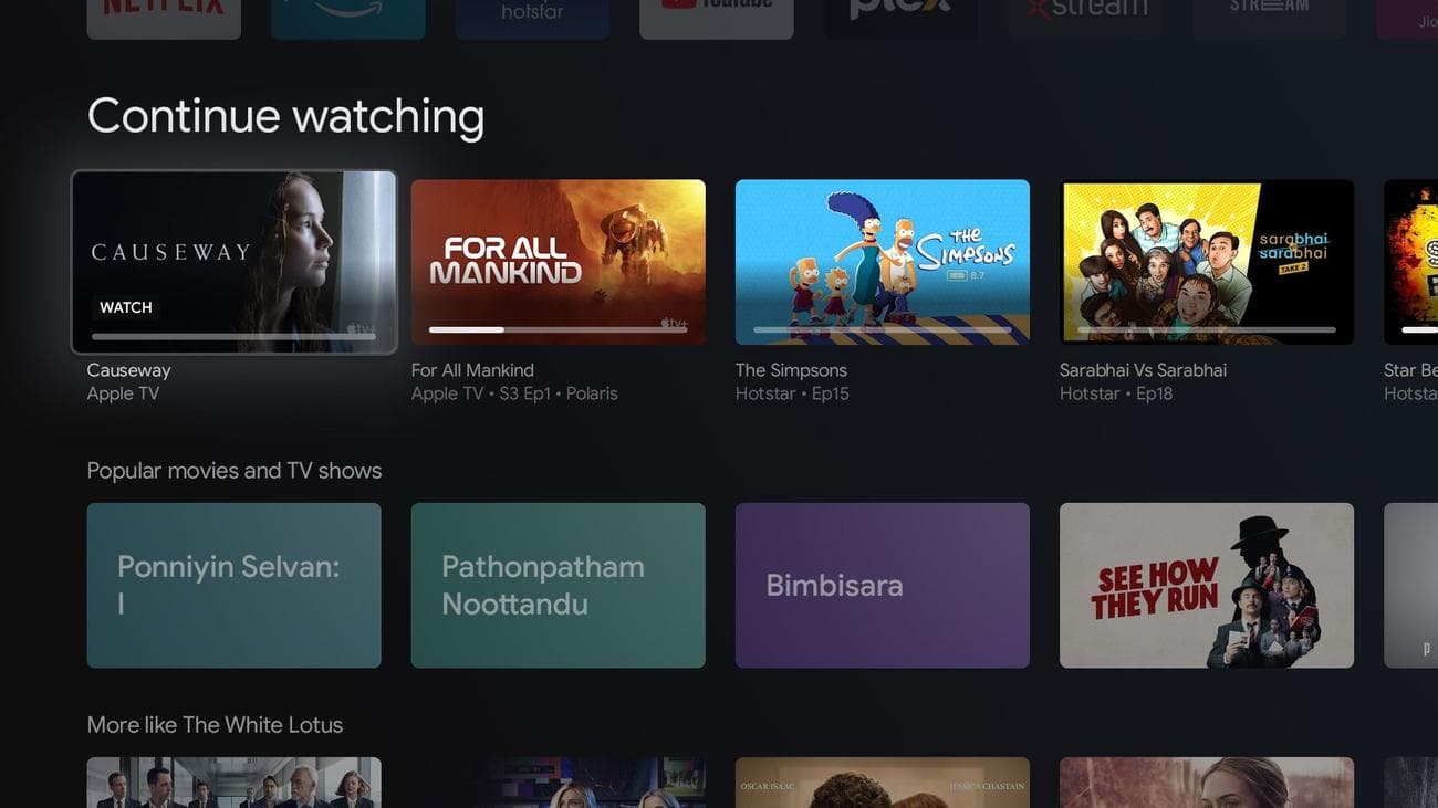 Η αρχική σελίδα του Google TV με επισημασμένη τη Συνέχεια παρακολούθησης