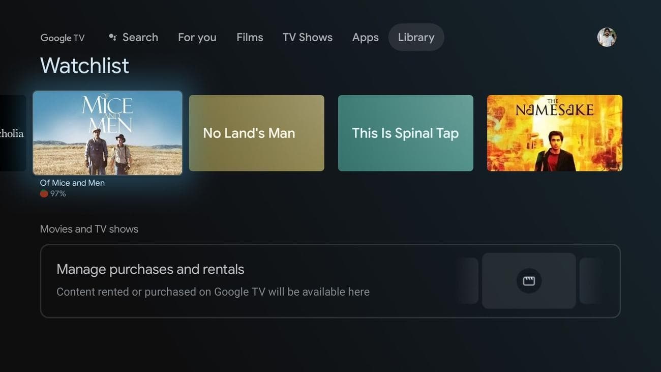 Google TV με ανοιχτή την καρτέλα Βιβλιοθήκη που εμφανίζει τη λίστα παρακολούθησης