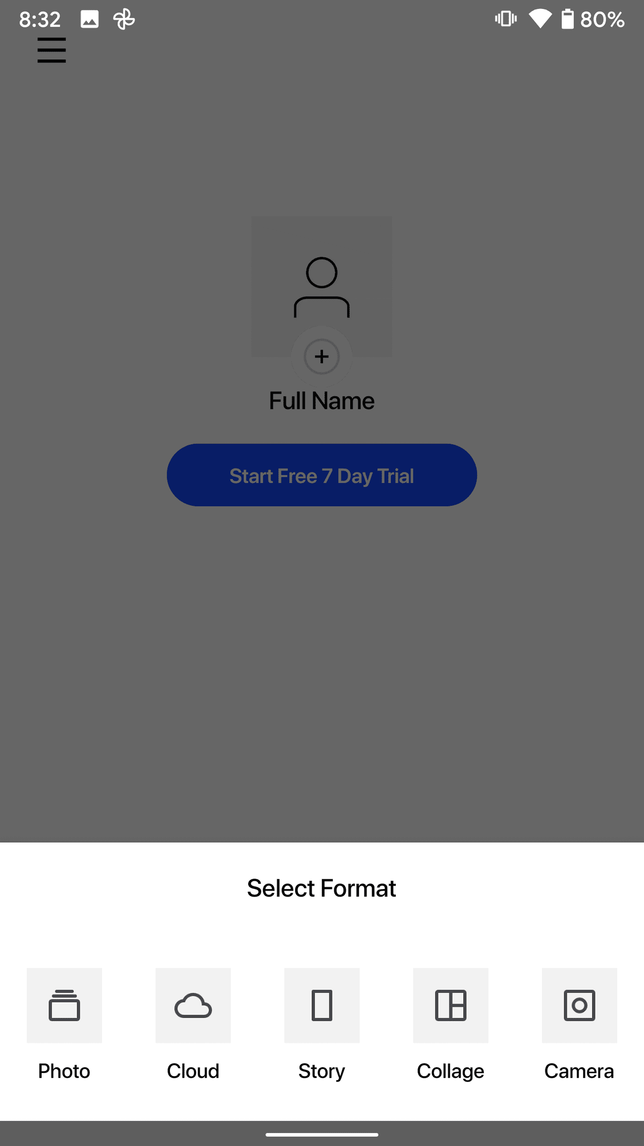 Η εφαρμογή Instasize εμφανίζει το κύριο μενού