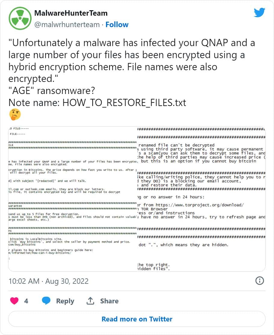 Tweet του MalwareHunterTeam