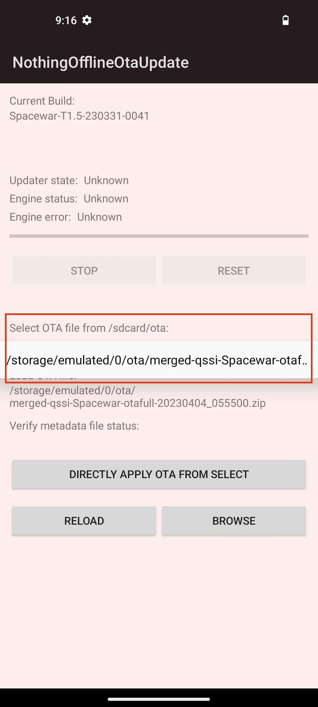 Στιγμιότυπο οθόνης της κρυφής εφαρμογής Offline OTA Update του Nothing Phone 1 με επιλεγμένο αρχείο OTA Android 14 και επισημασμένο με κόκκινο πλαίσιο