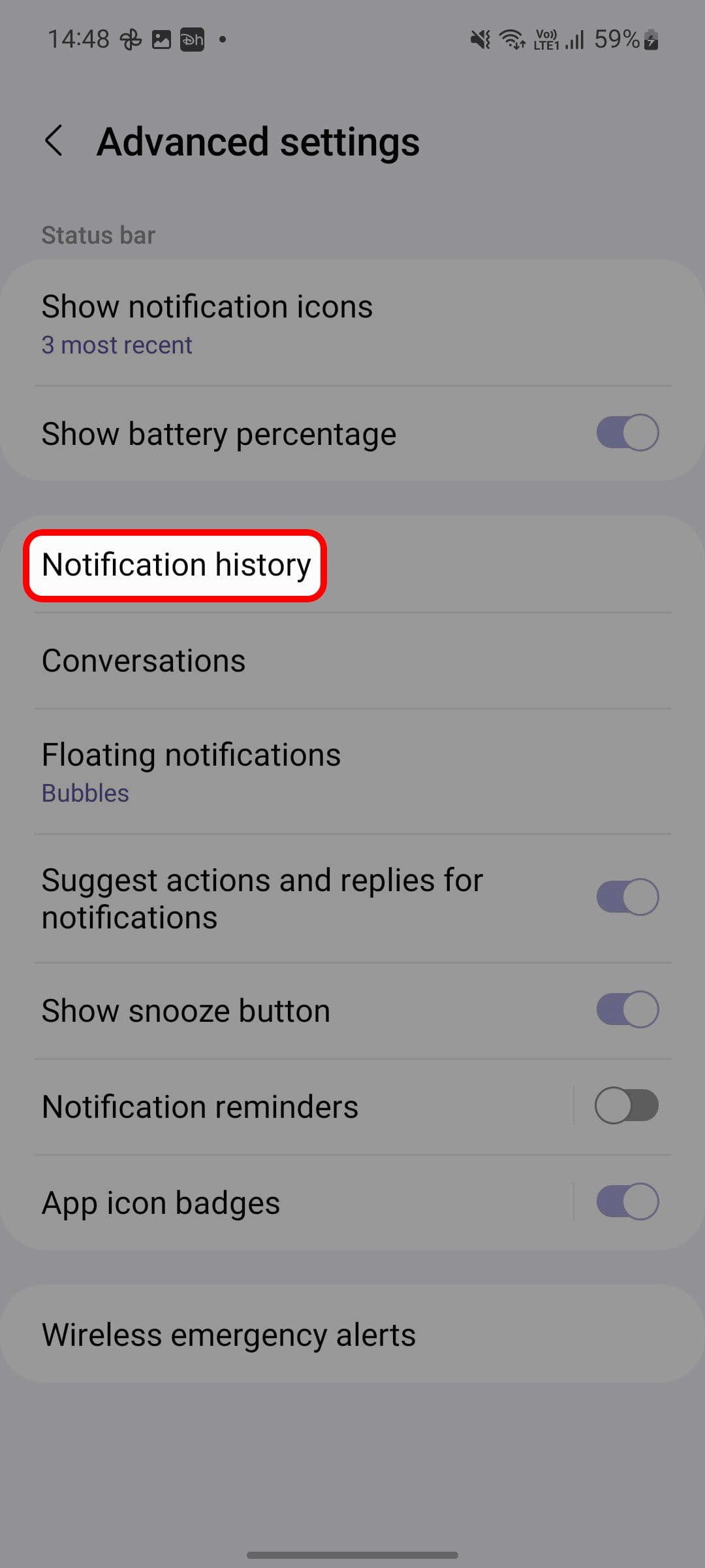 Samsung One UI Notifications Μενού σύνθετων ρυθμίσεων που επισημαίνει την επιλογή Ιστορικό ειδοποιήσεων