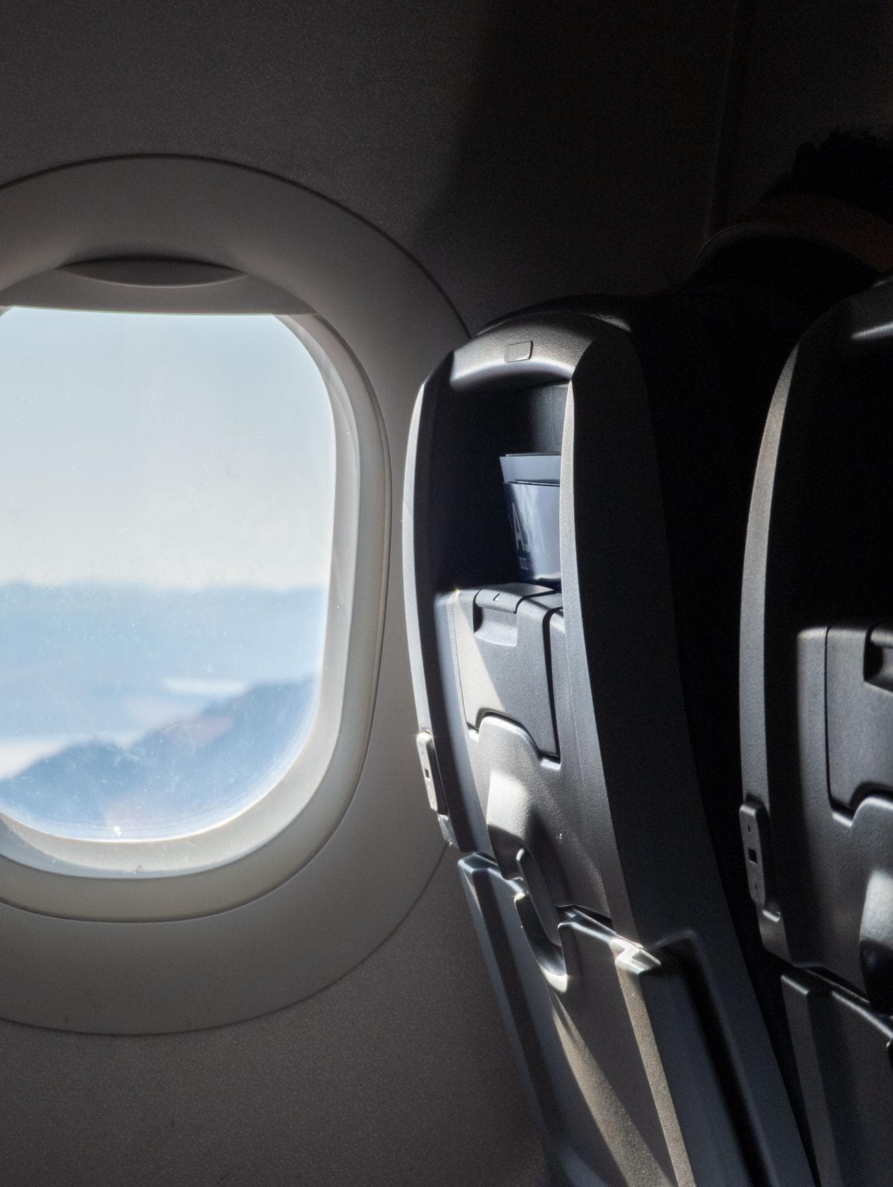 A RAW photo file showing an airplane window and seat, edited to change its Shadows.