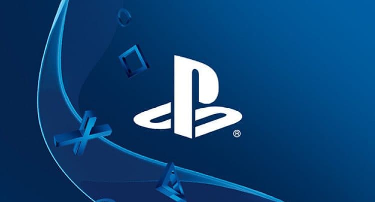 White PlayStation logo on a blue background