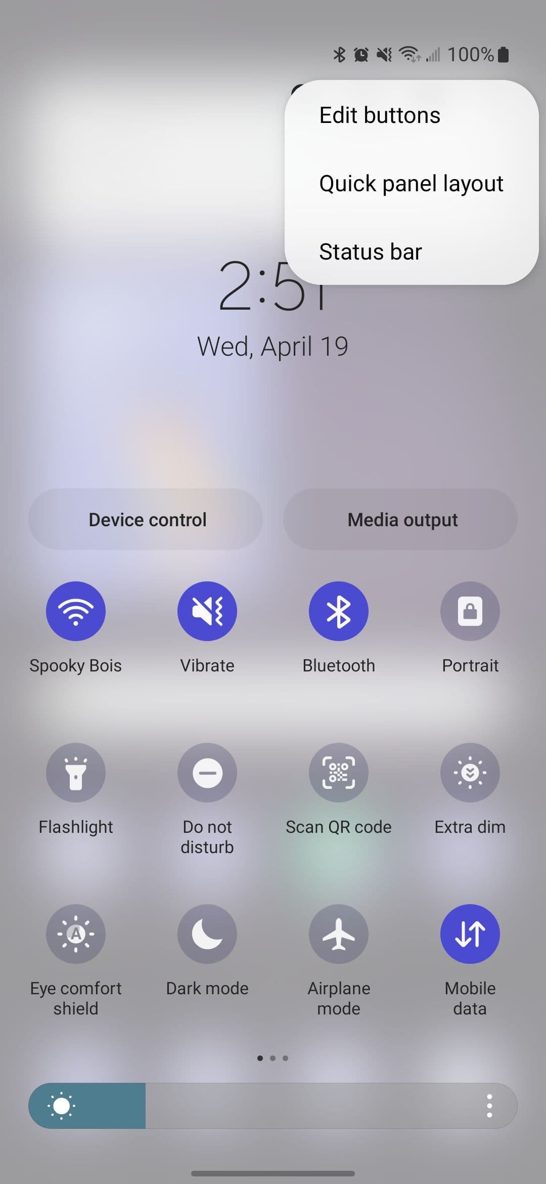 The Quick settings menu on a Samsung phone with the options menu open