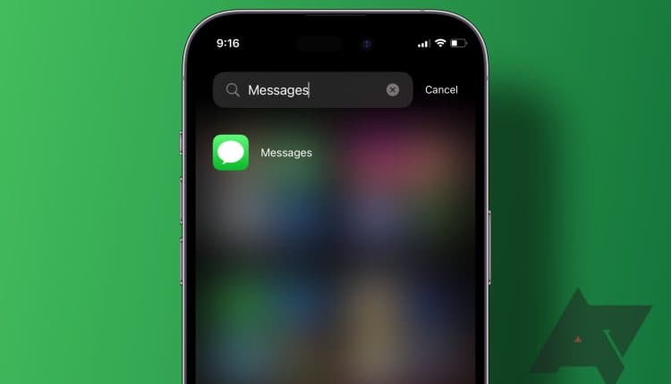 An iPhone with the messages app in focus sits on a green background
