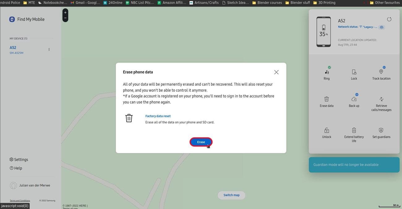 η σελίδα εύρεσης για το κινητό μου είναι ανοιχτή με ένα αναδυόμενο παράθυρο που επιβεβαιώνει την επαναφορά εργοστασιακών ρυθμίσεων και το κουμπί διαγραφής επισημαίνεται