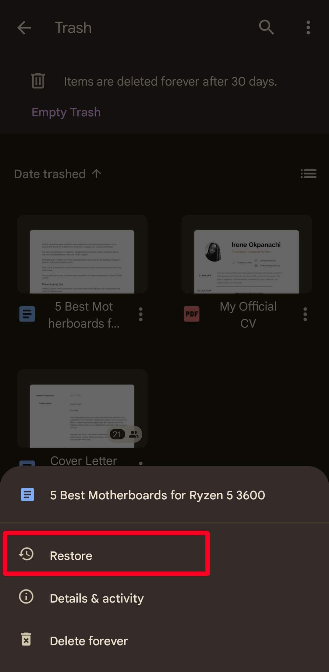 Επαναφορά διαγραμμένων αρχείων Google Drive στην εφαρμογή για κινητά