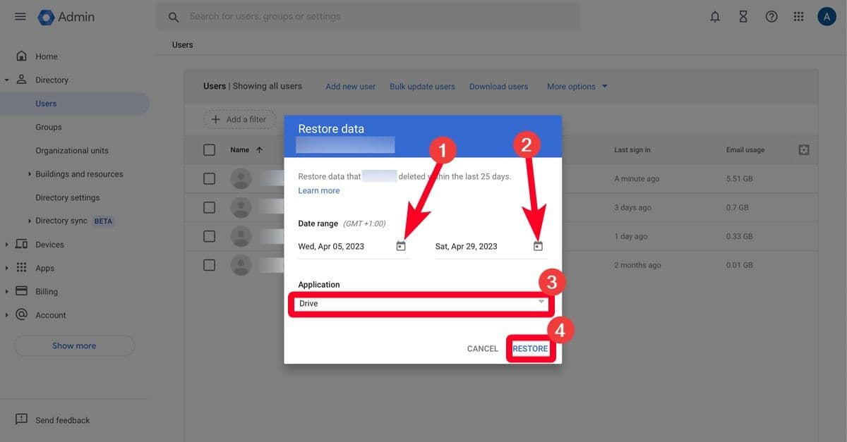 Επαναφορά δεδομένων χρήστη στην κονσόλα διαχειριστή του Google Workspace