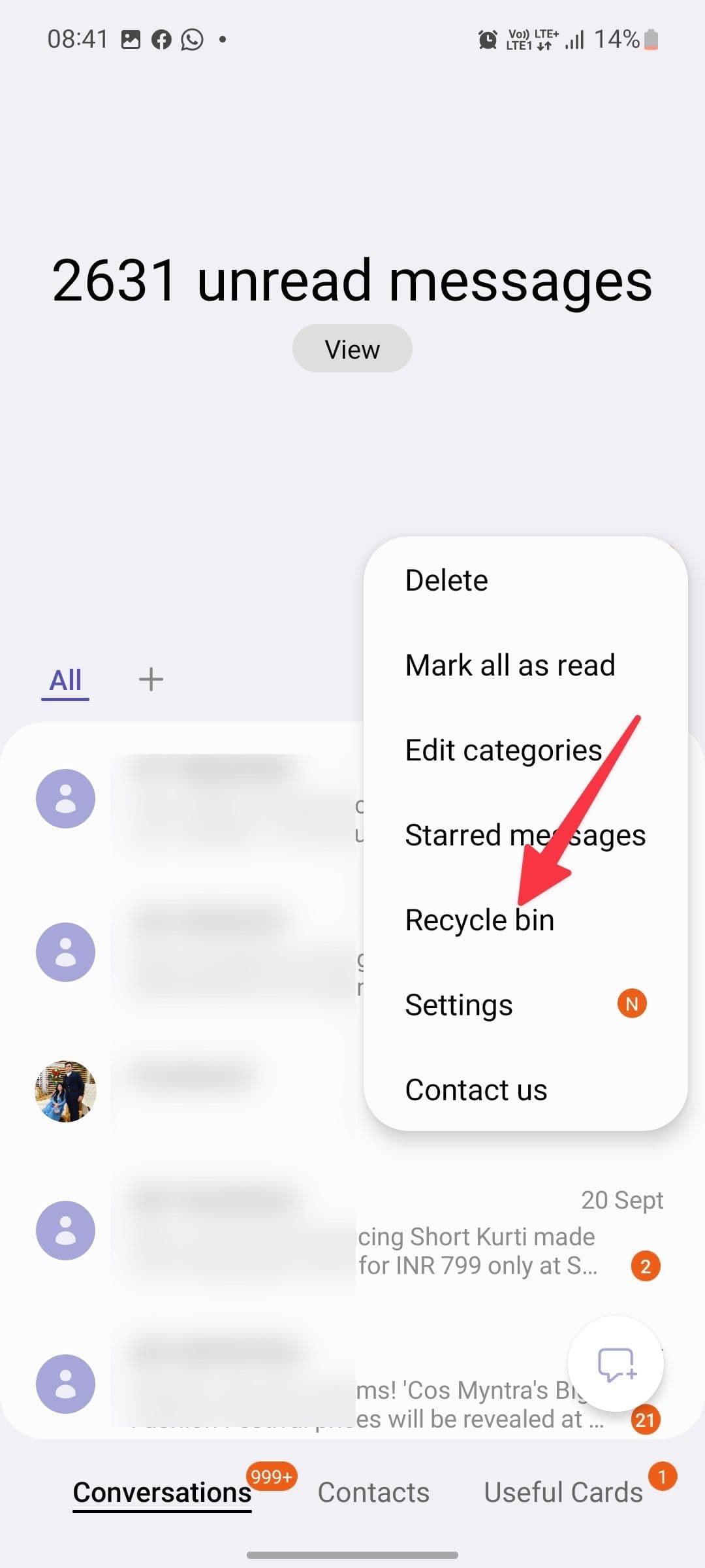 Το στιγμιότυπο οθόνης δείχνει το αναπτυσσόμενο μενού τριπλής κουκκίδας στην εφαρμογή Samsung Messages.  Ένα βέλος δείχνει στον 'Κάδο Ανακύκλωσης'.