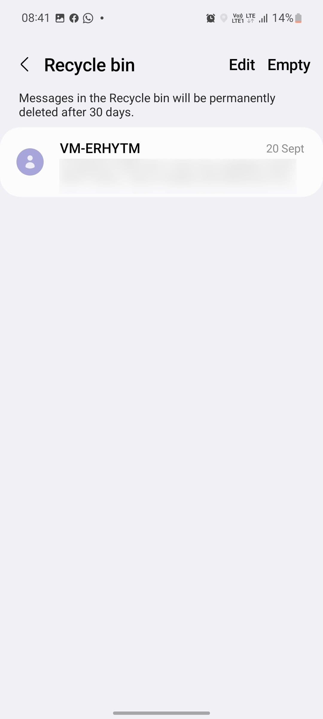 Το στιγμιότυπο οθόνης δείχνει τη σελίδα του Κάδου Ανακύκλωσης στην εφαρμογή μηνυμάτων Samsung.