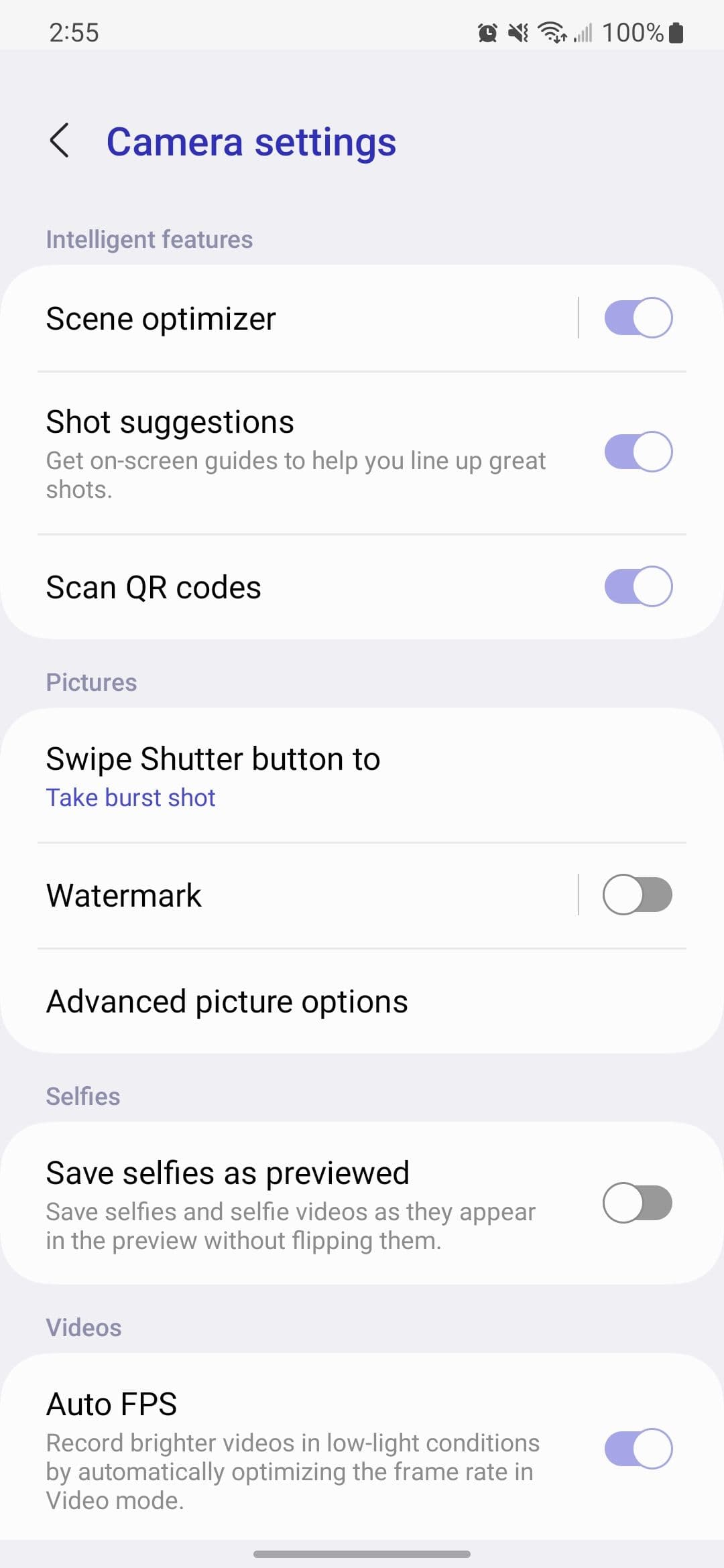 The Camera settings in the camera app on a Samsung S23 Plus
