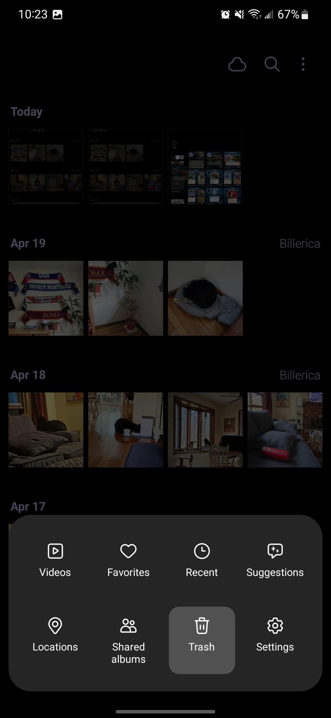 Settings in the Samsung Gallery app with the Trash option highlighted